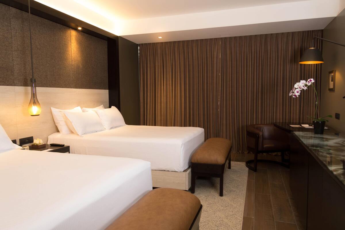 Habitación de hotel con dos camas, un escritorio, una silla, un banco, una lámpara y una orquídea en maceta.