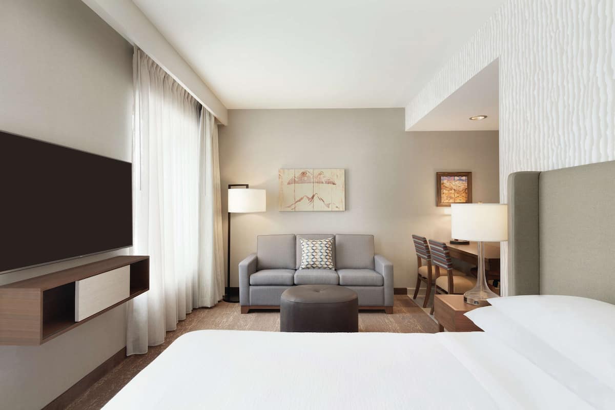 A hotel room with a bed, a sofa, a TV, a desk, and a lamp.