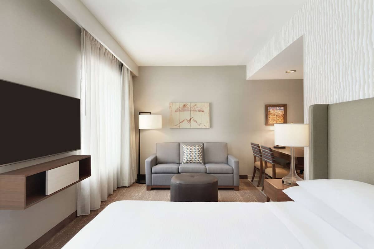A hotel room with a bed, a sofa, a TV, a desk, and a chair.