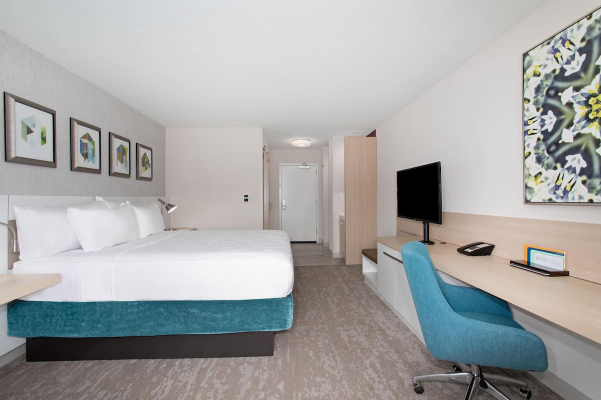 Habitación de hotel con cama, escritorio, silla, televisión y obras de arte en las paredes.