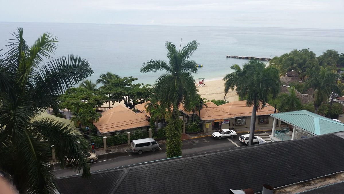 Blick auf die Küste mit Strand, Palmen und einer Straße mit geparkten Autos.