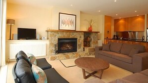 Una sala de estar con chimenea de piedra, televisor, sofá y una zona de cocina.