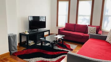TV, fireplace, books