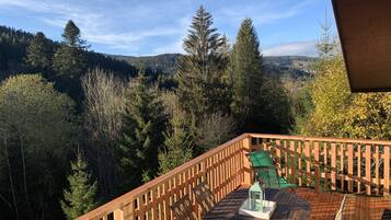 Eine Holzterrasse mit Tisch und Stühlen, mit Blick auf eine bewaldete Landschaft und Berge im Hintergrund.