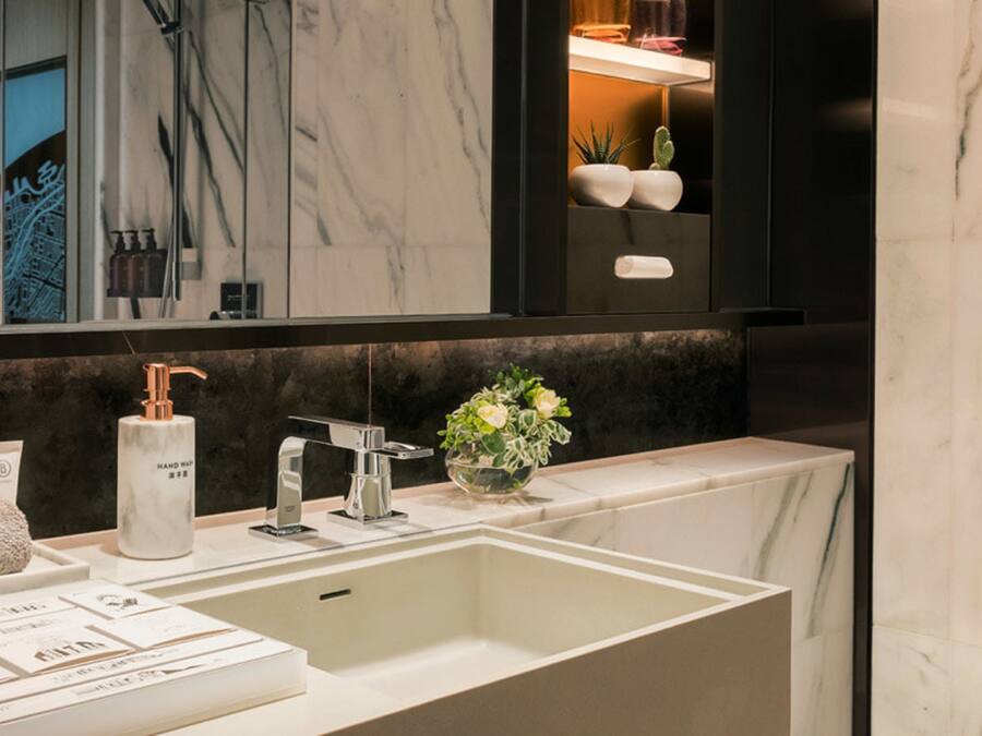 A modern bathroom with a large sink, a hand soap dispenser, a mirror, and a small plant on the countertop.