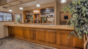 Un espace bar agrémenté de meubles en bois, d’étagères où sont disposés des livres et des objets décoratifs, et de luminaires suspendus.