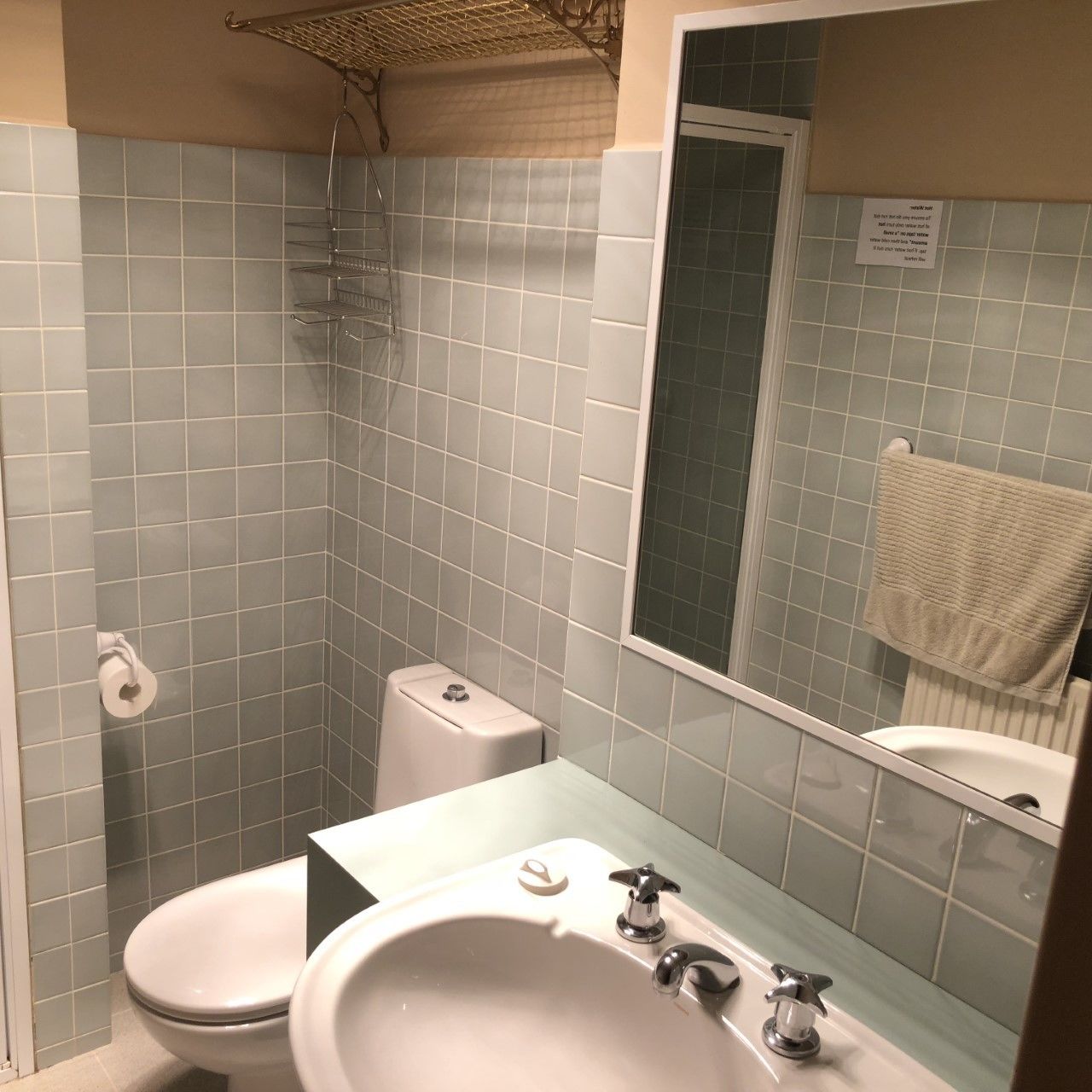 A bathroom with a toilet, sink, and shower.