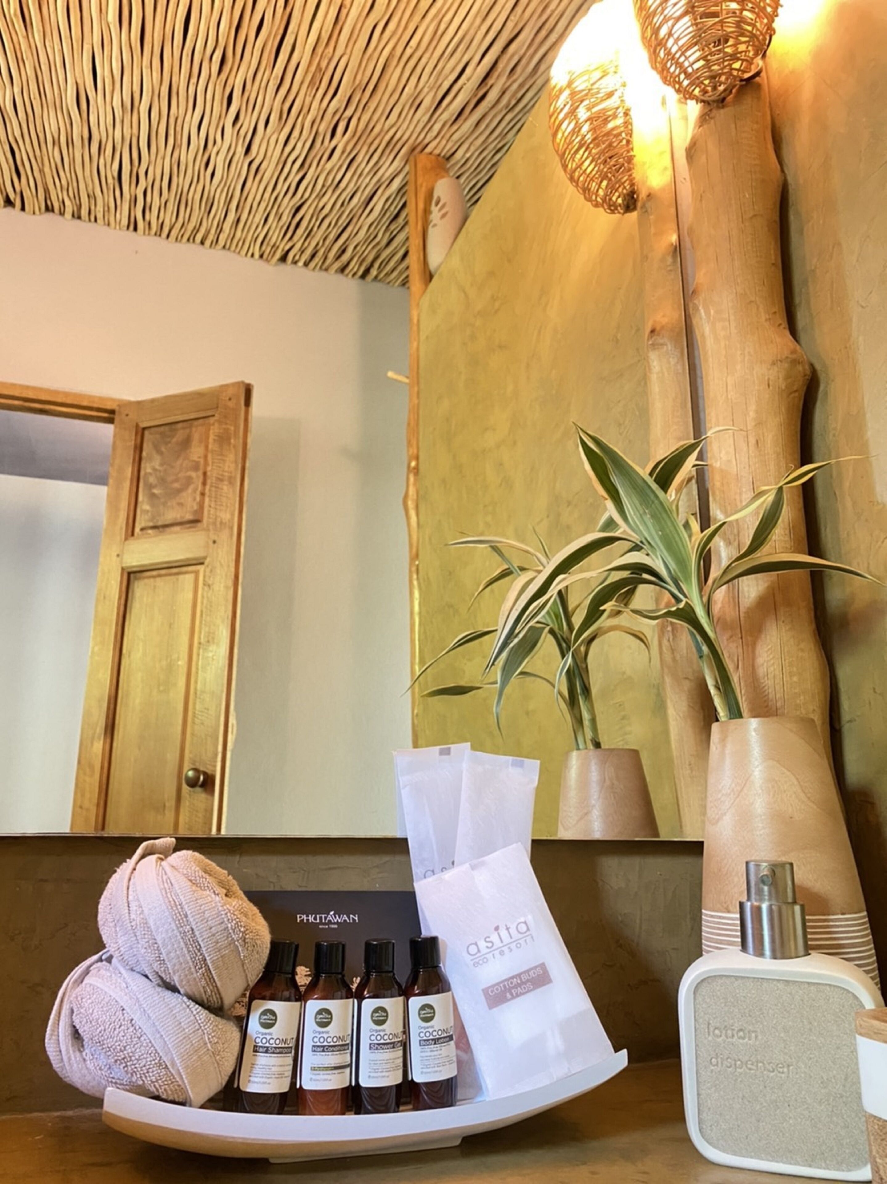 A bathroom with a wooden door, a mirror with a woven headboard, a potted plant, a towel, and a tray with toiletries.