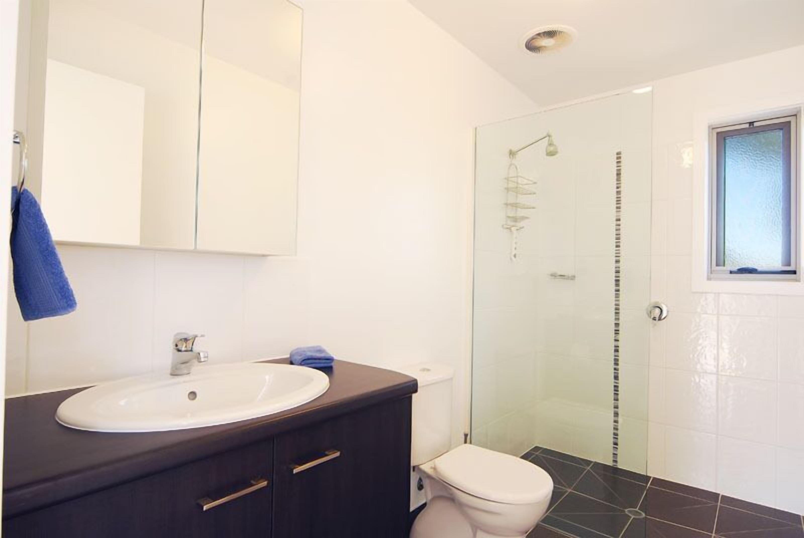 A modern bathroom with a white sink, dark cabinetry, a glass shower enclosure, and a white toilet.