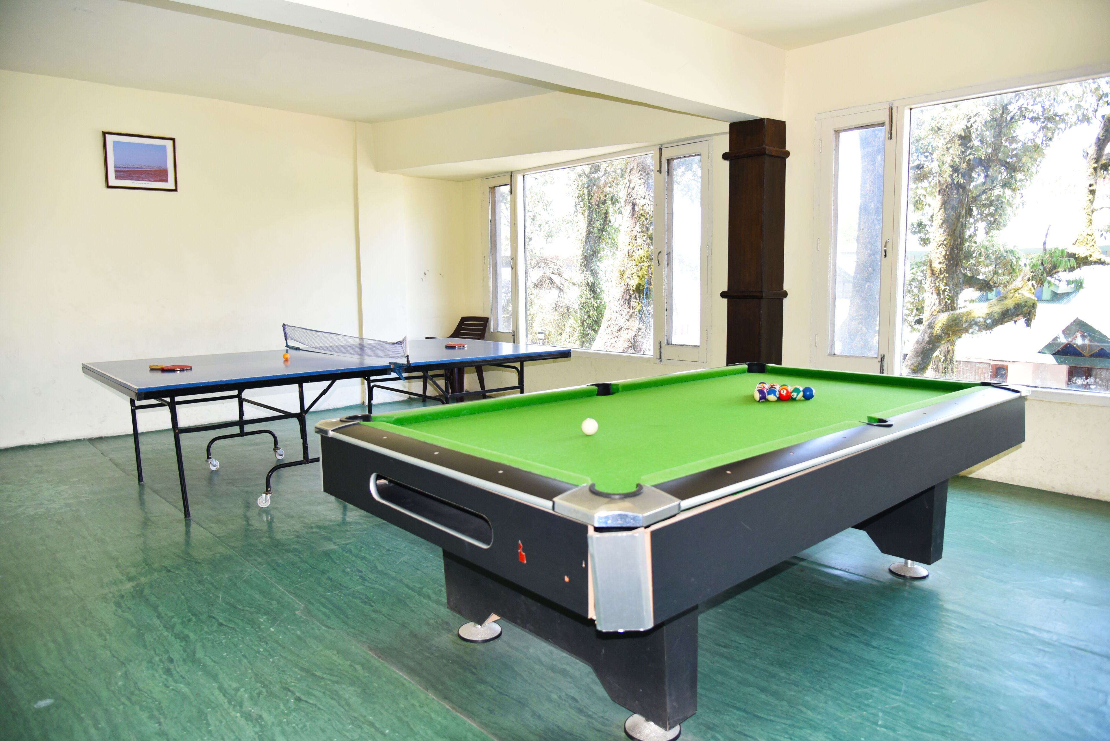 A pool table with a green felt surface, a table tennis table, and a framed picture on the wall.