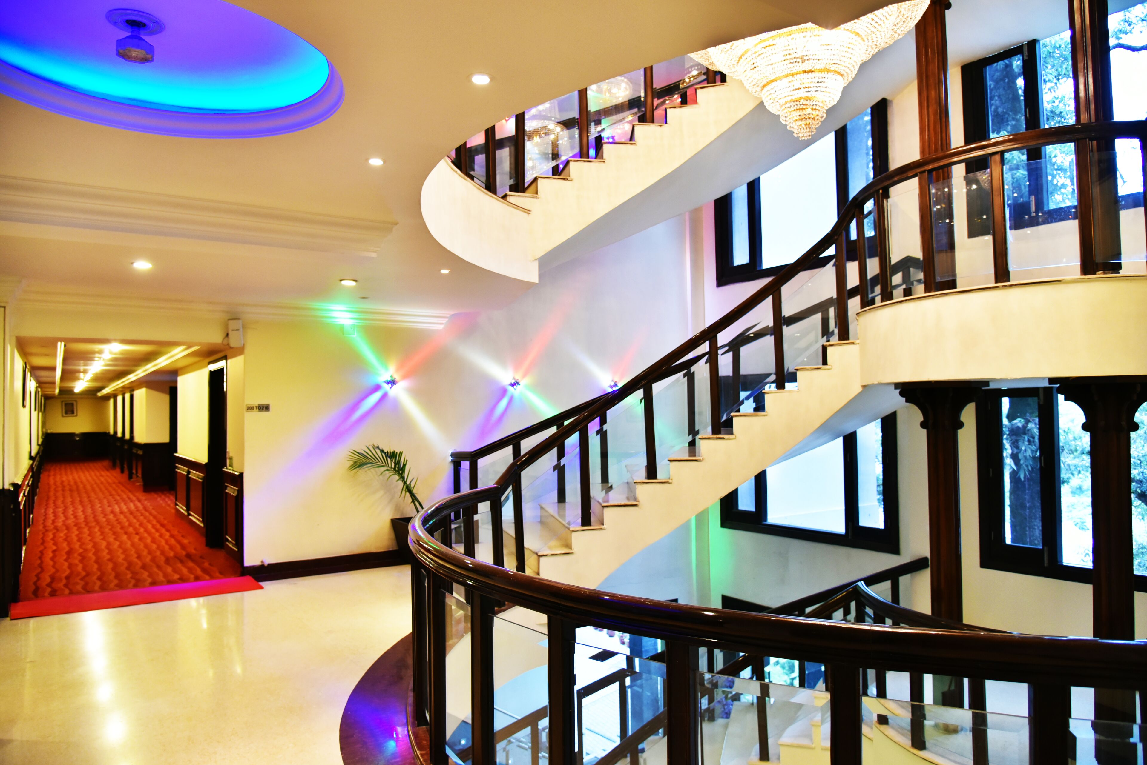 A grand, curved staircase with a glass railing, leading to an upper floor.