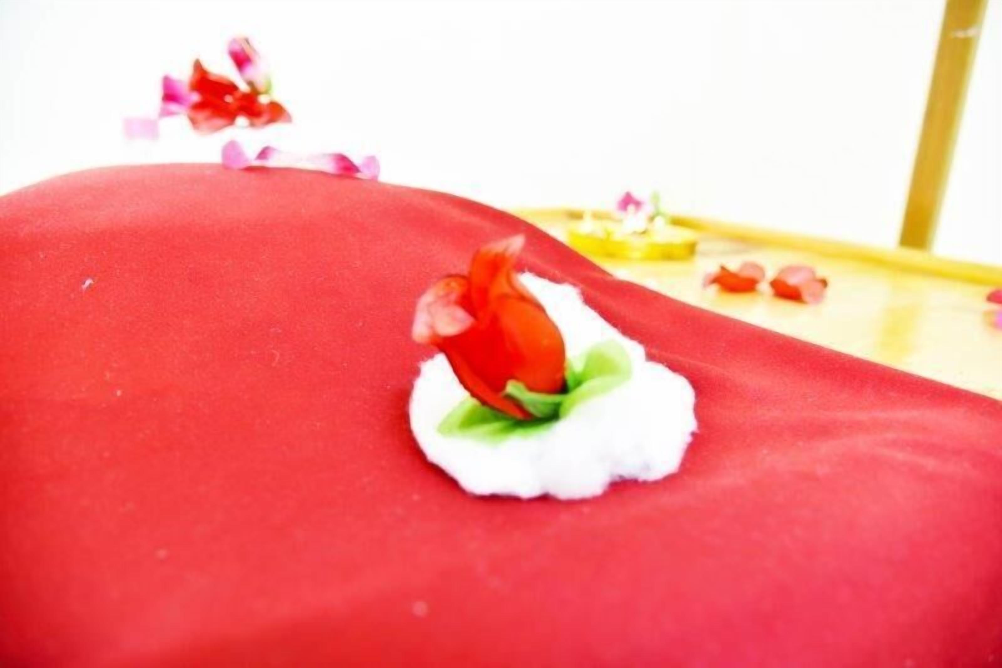 A red surface with a small white and green object resembling a flower or decoration.