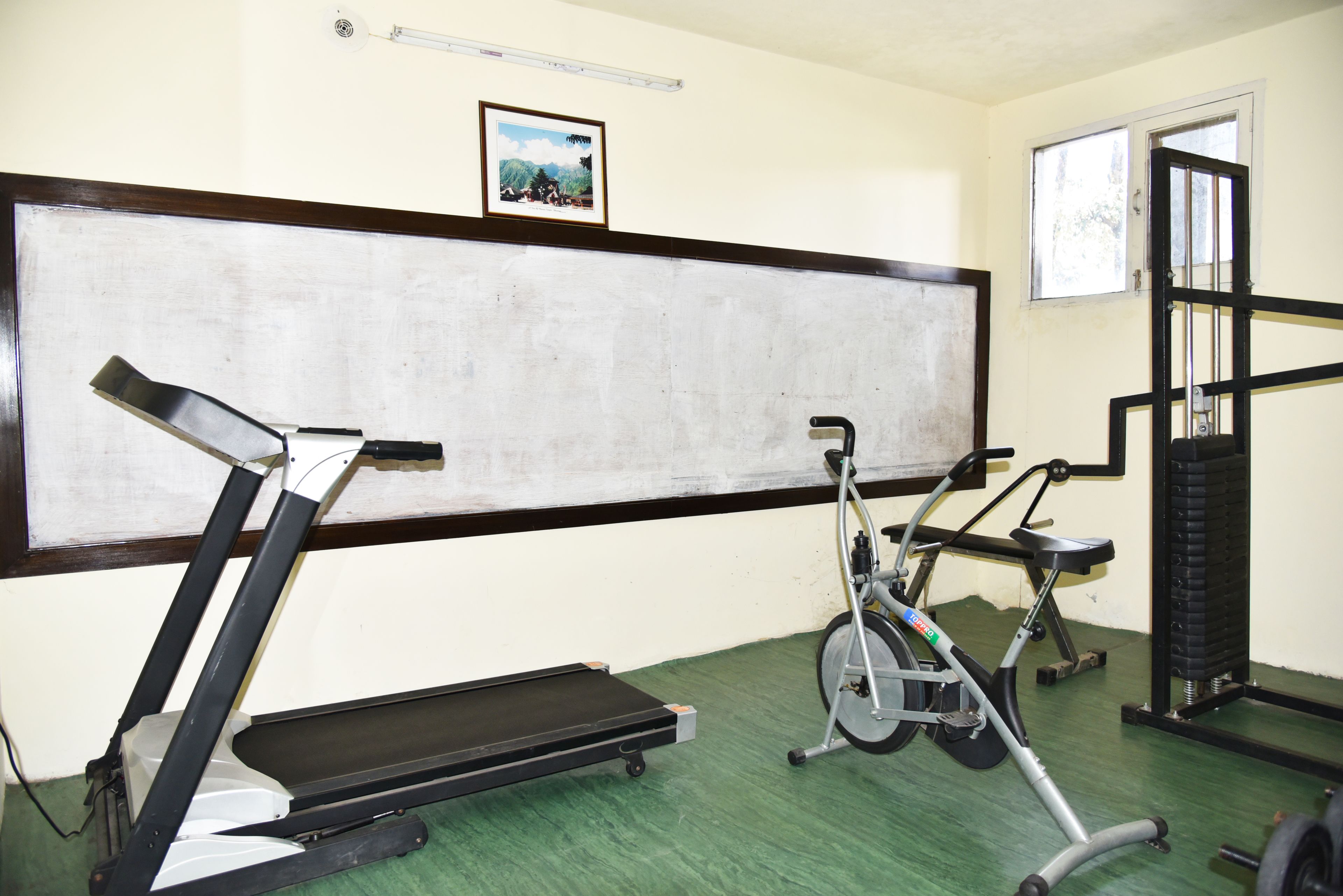 A gym with a treadmill, stationary bike, and weight bench.