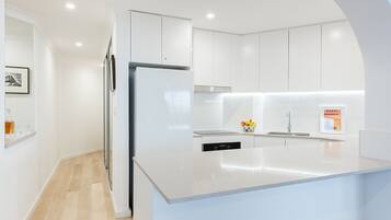 Apartment, 1 Queen Bed with Sofa bed, Beach View, Beachfront | Private kitchen | Full-size fridge, microwave, oven, stovetop