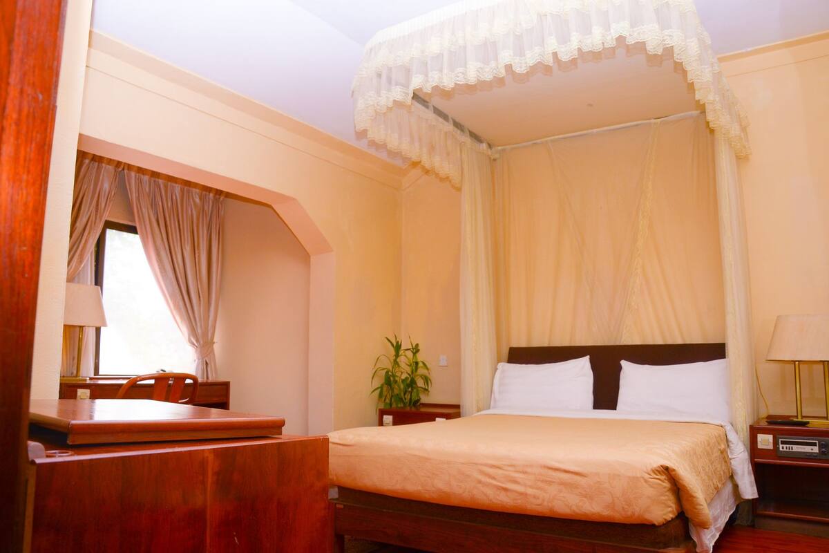 A room with a bed, a desk, and a chair.