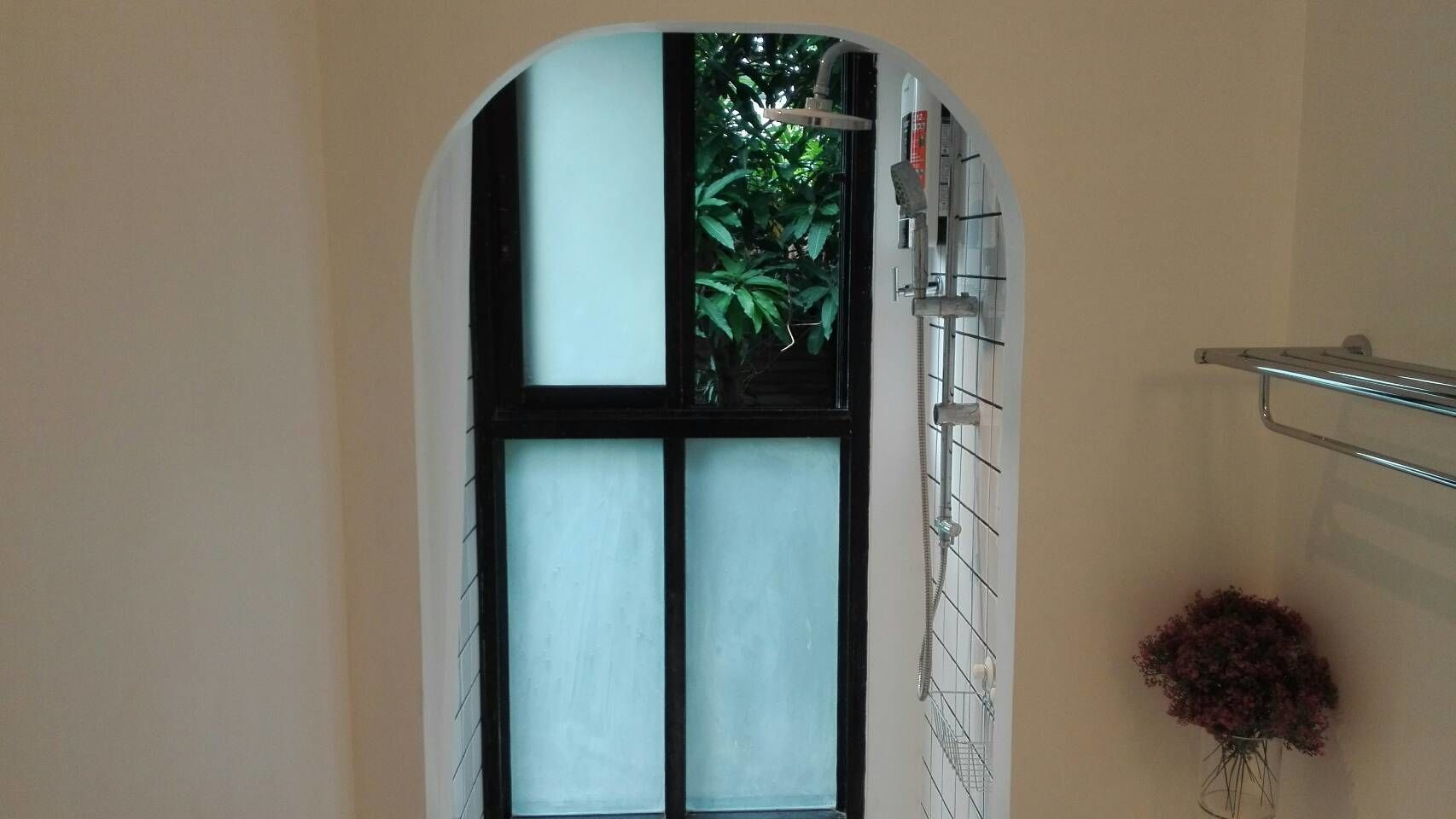 A bathroom with a frosted glass window, a shower, and a small plant on the wall.