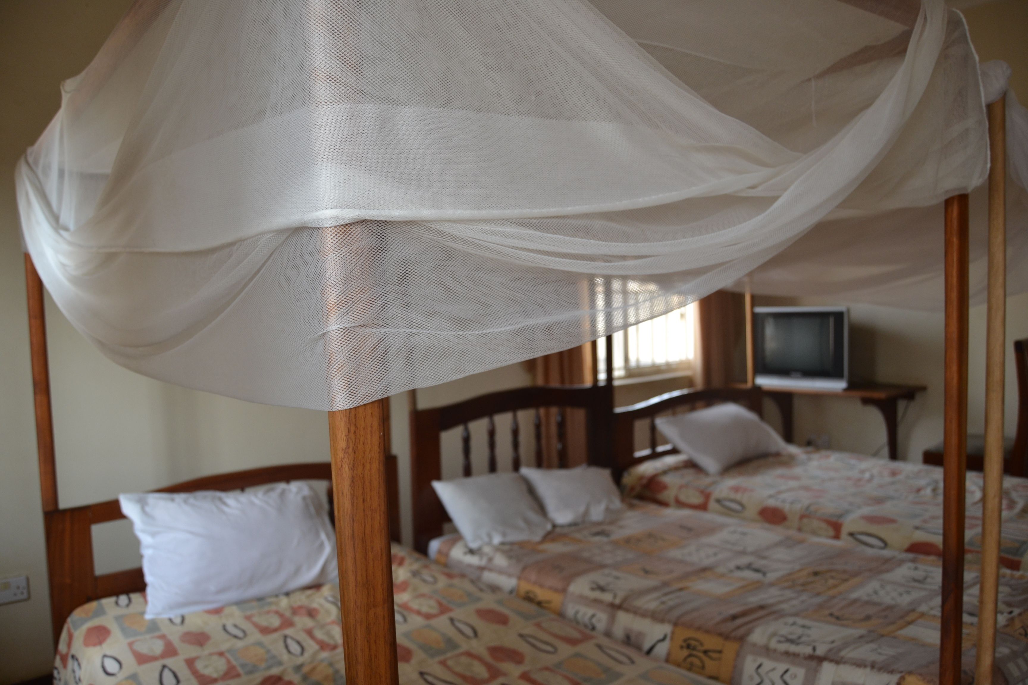 A room with two wooden beds, each with white pillows and patterned bedding. A canopy bed is in the foreground.
