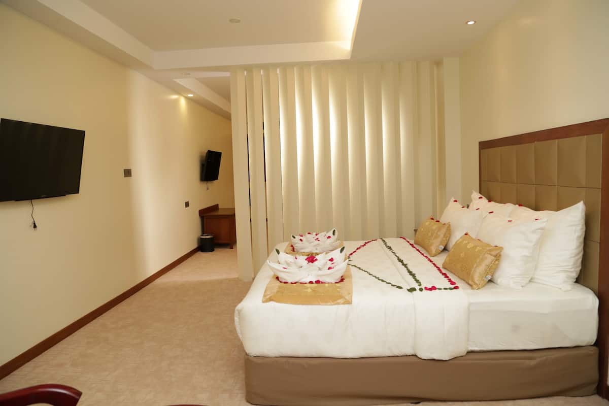 Habitación de hotel con una cama grande, un televisor de pantalla plana en la pared y una ventana con persianas verticales.