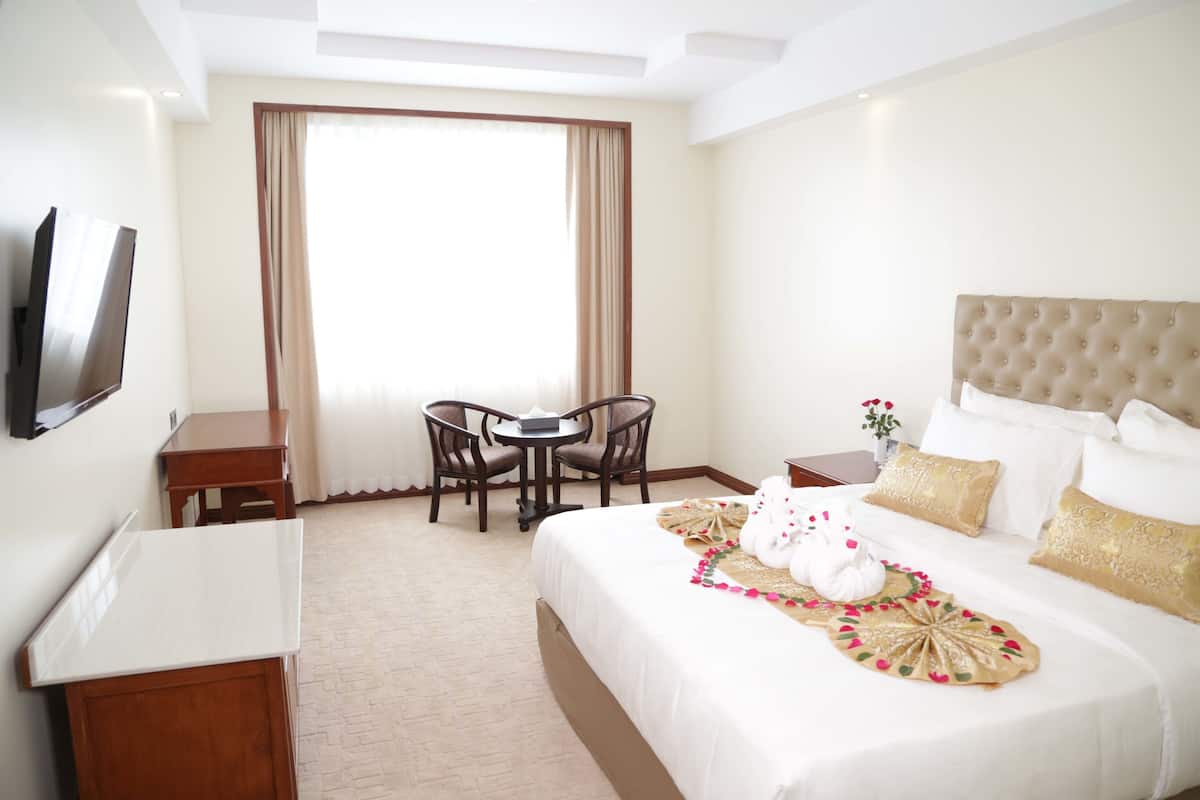 Habitación de hotel con cama, televisor, escritorio, silla y ventana con cortinas.