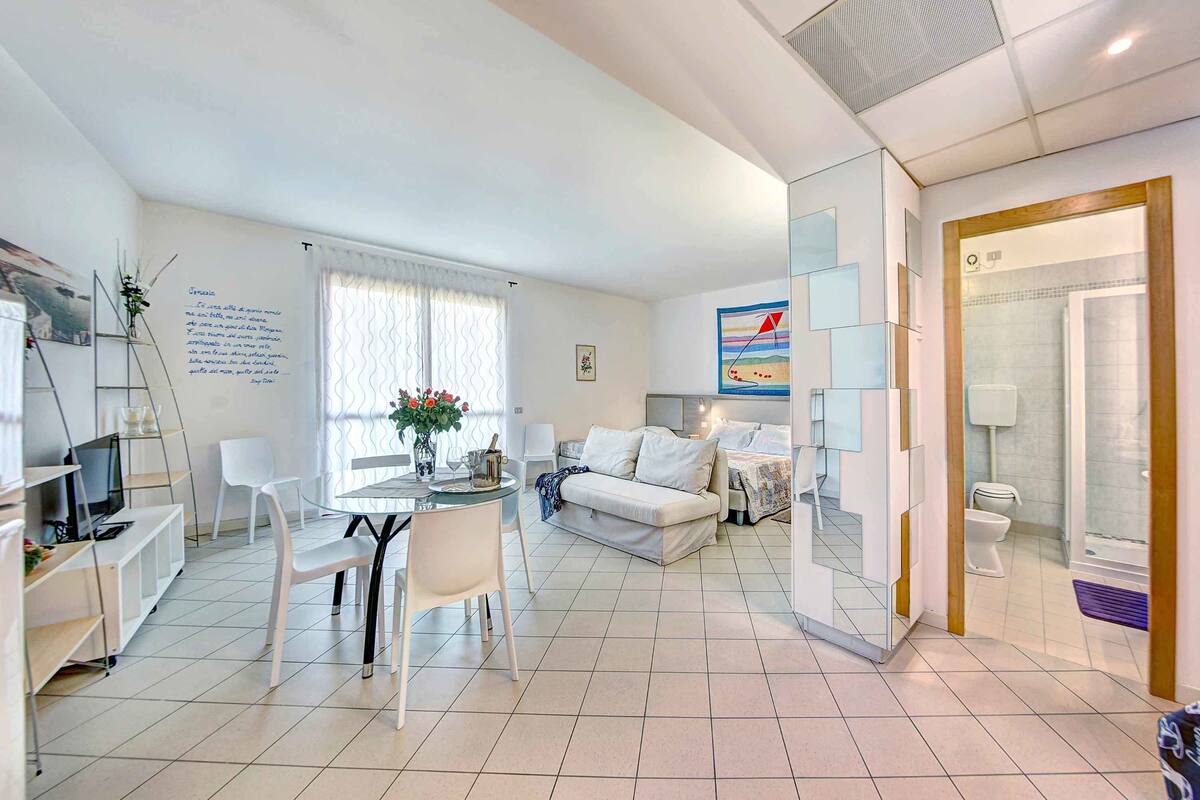 A modern, well-lit living room with a sofa, coffee table, and a dining area with chairs and a small table. There is a bathroom with a shower, toilet, and a mirror.