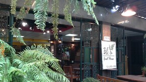 An indoor setting with hanging ferns, a sign for 'Guest House' with a phone number, and wooden furniture. - BC guesthouse Banglamphu (Bangkok)
