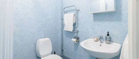 A bathroom with a white toilet, a sink, and a shower area.