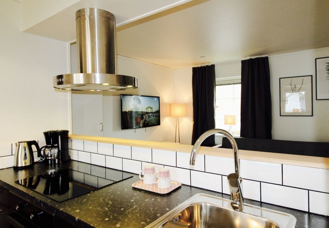 full-sized fridge, oven, stovetop, coffee/tea maker