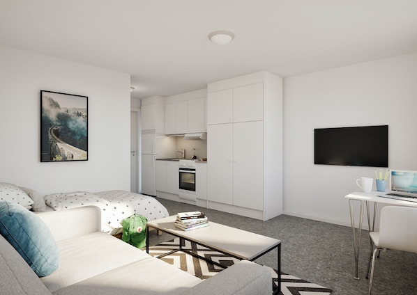 Rideaux occultants, fer et planche à repasser, lit parapluie