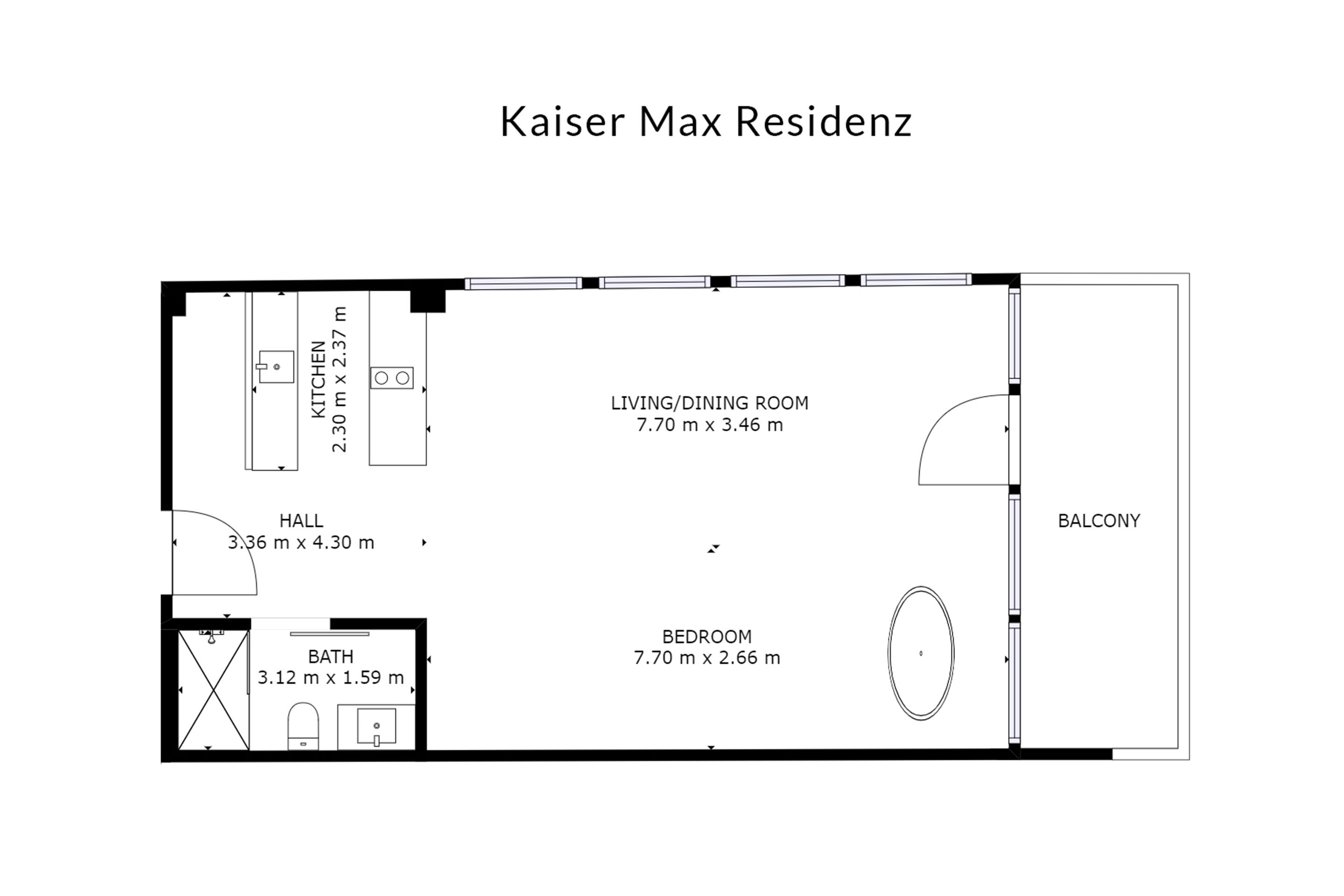 Een plattegrond van de Kaiser Max Residenz met een woon/eetkamer, keuken, hal, balkon, slaapkamer en badkamer.