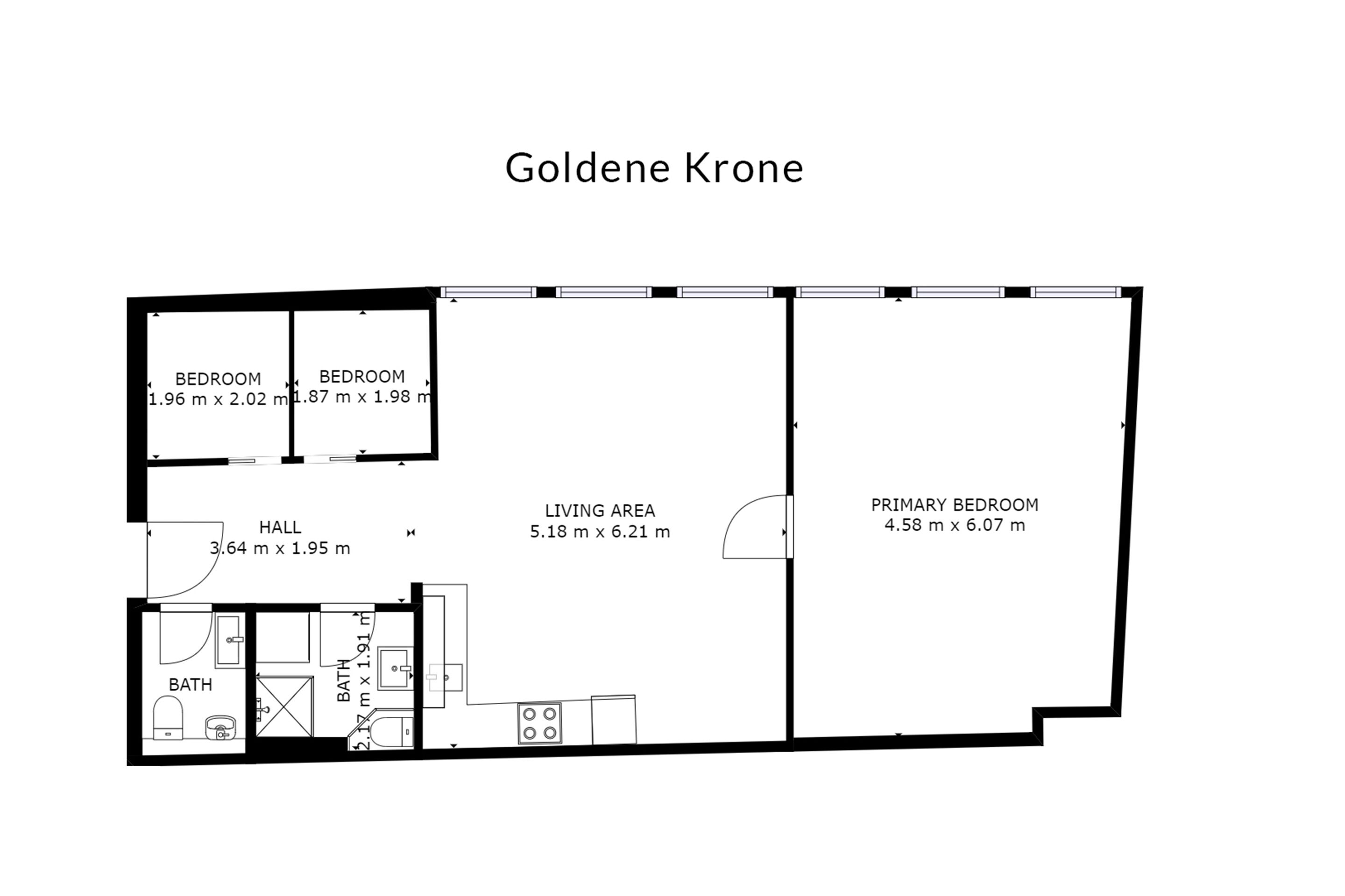 Grundriss eines Wohnhauses namens Goldene Krone, mit zwei Schlafzimmern, einem Wohnbereich, einer Diele und einem Badezimmer.