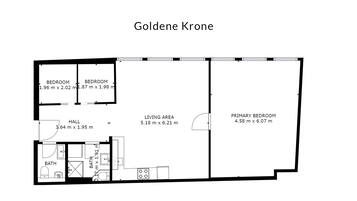 A floor plan of a residential property named Goldene Krone, featuring two bedrooms, a living area, a hall, and a bathroom.