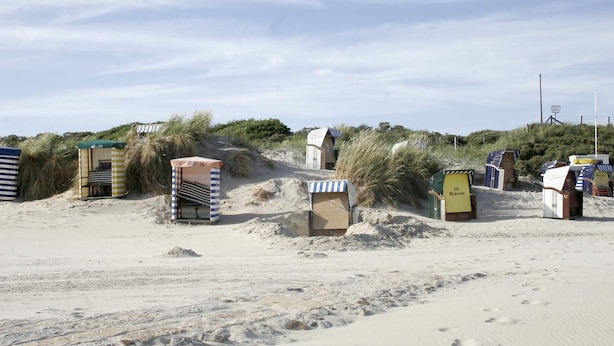 Une plage dotée de plusieurs cabanes, dont certaines sont surmontées de toiles rayées, et un sentier sablonneux qui traverse les dunes.