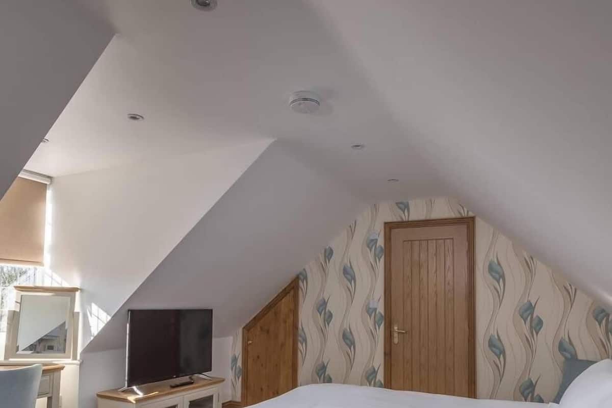A bedroom with a sloped ceiling, a bed, a TV, a desk, and a wardrobe.