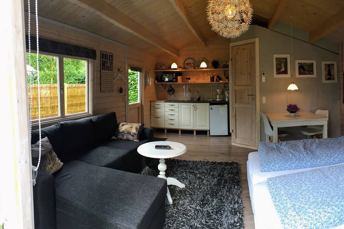 A cozy cabin interior with a living area, a kitchen, and a dining space.