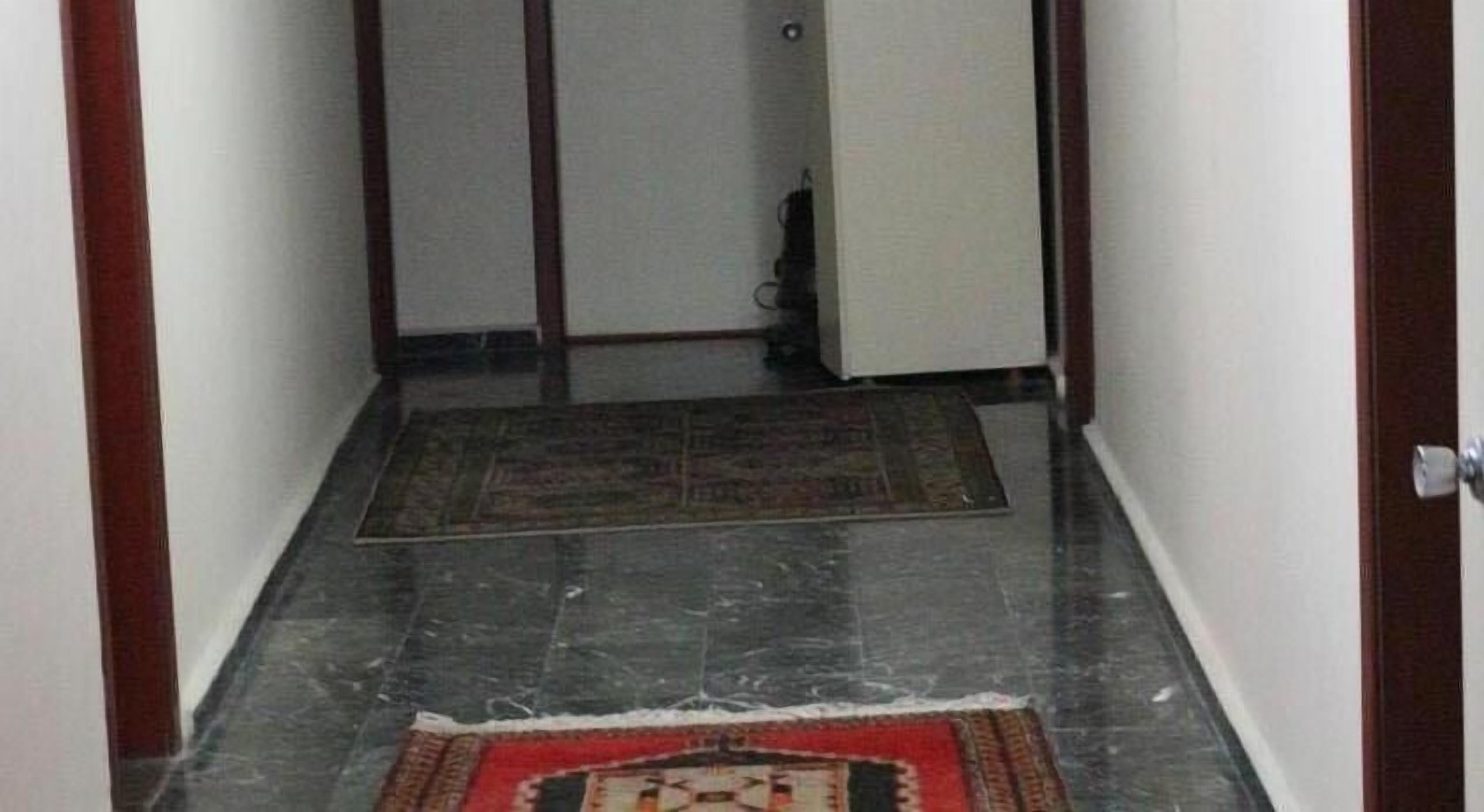 Un pasillo estrecho con un tapiz estampado en el suelo, que conduce a una habitación con una puerta.