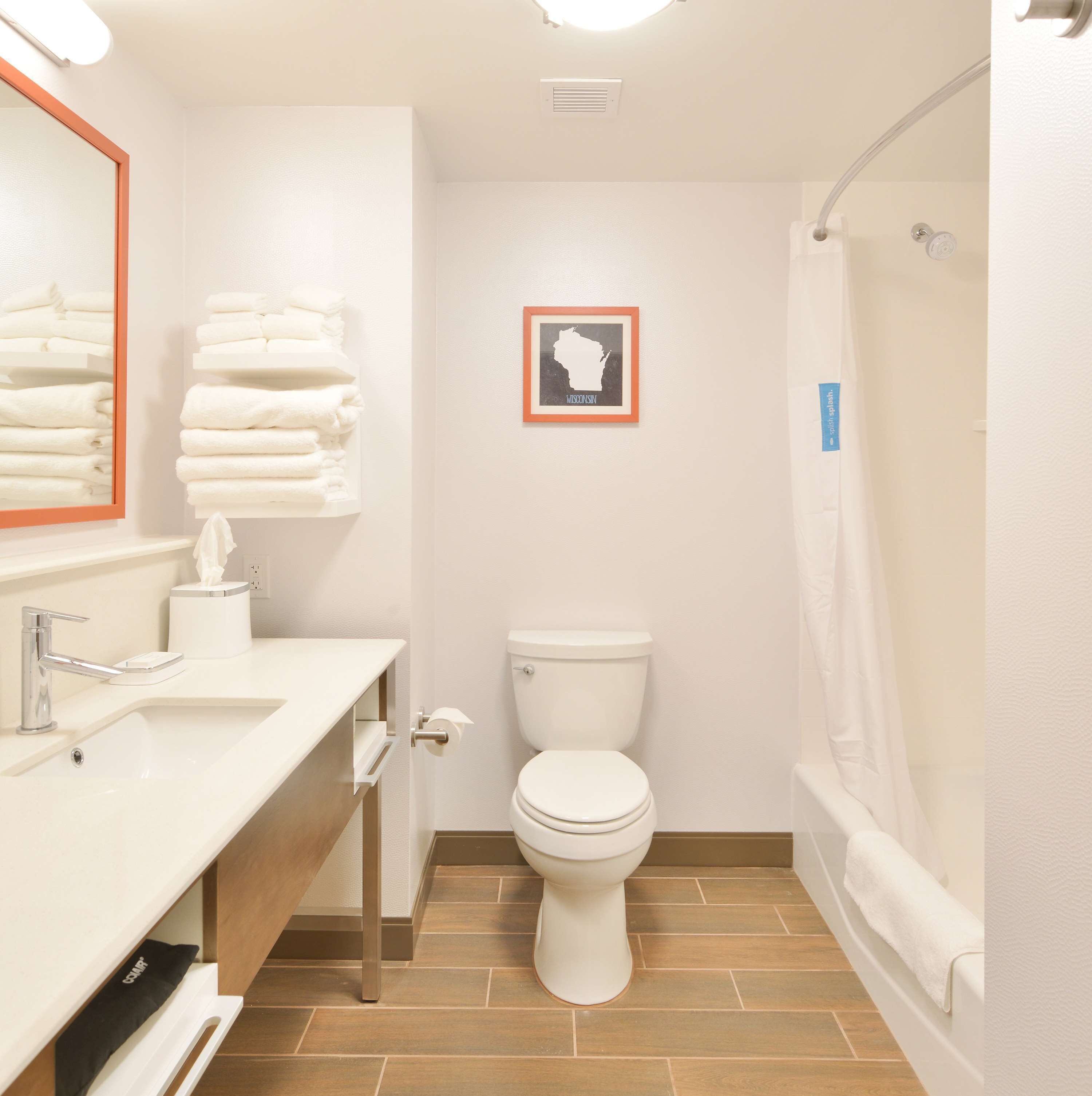 A bathroom with a toilet, sink, and a framed map on the wall.