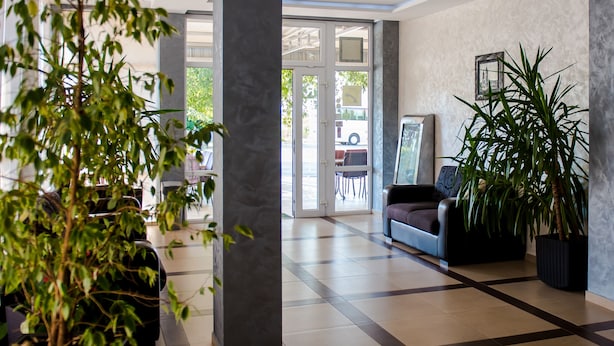 A spacious lobby with a checkered floor, a sofa, and potted plants.