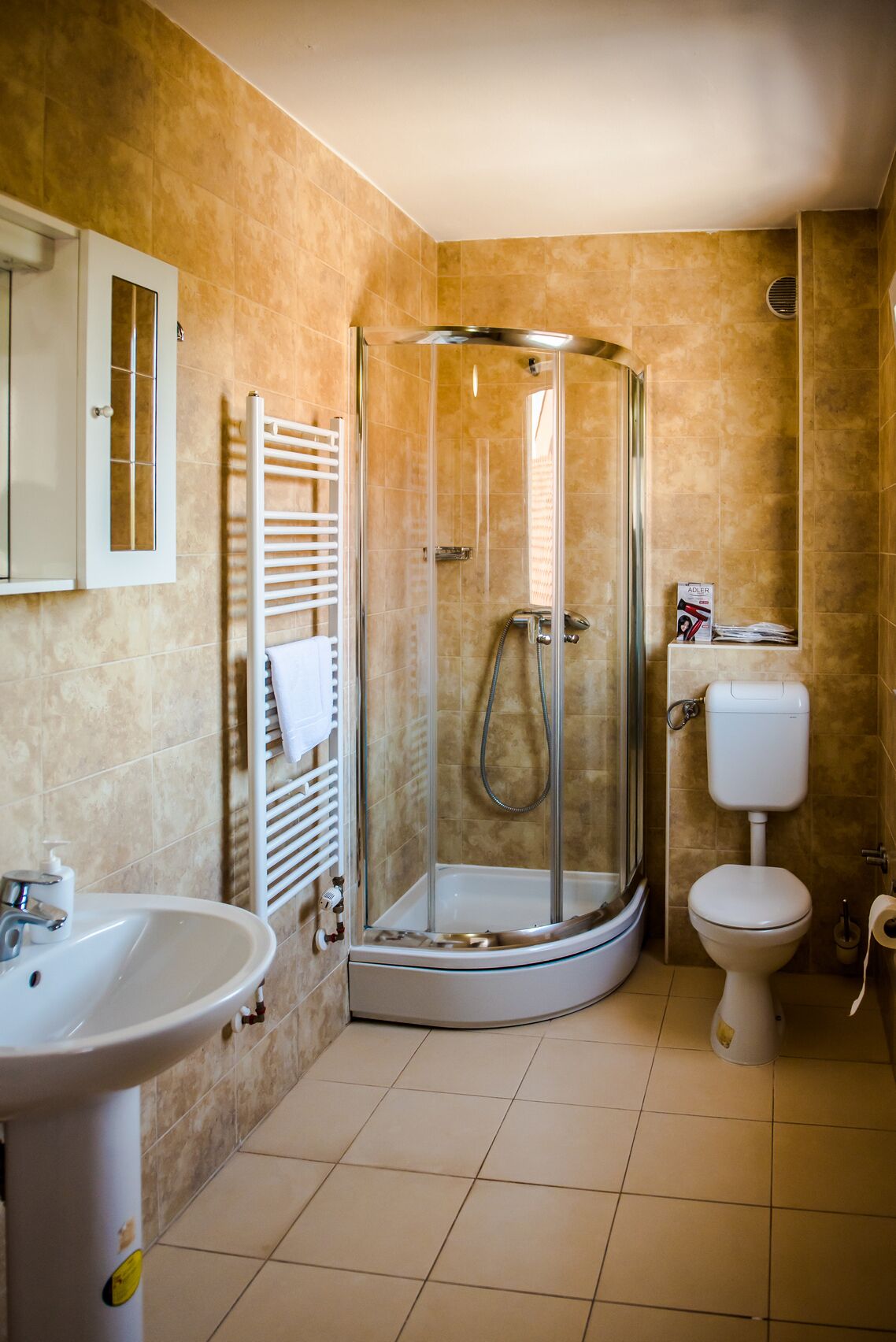 Une salle de bain avec une douche à parois de verre, un lavabo, des toilettes et un porte-serviettes.