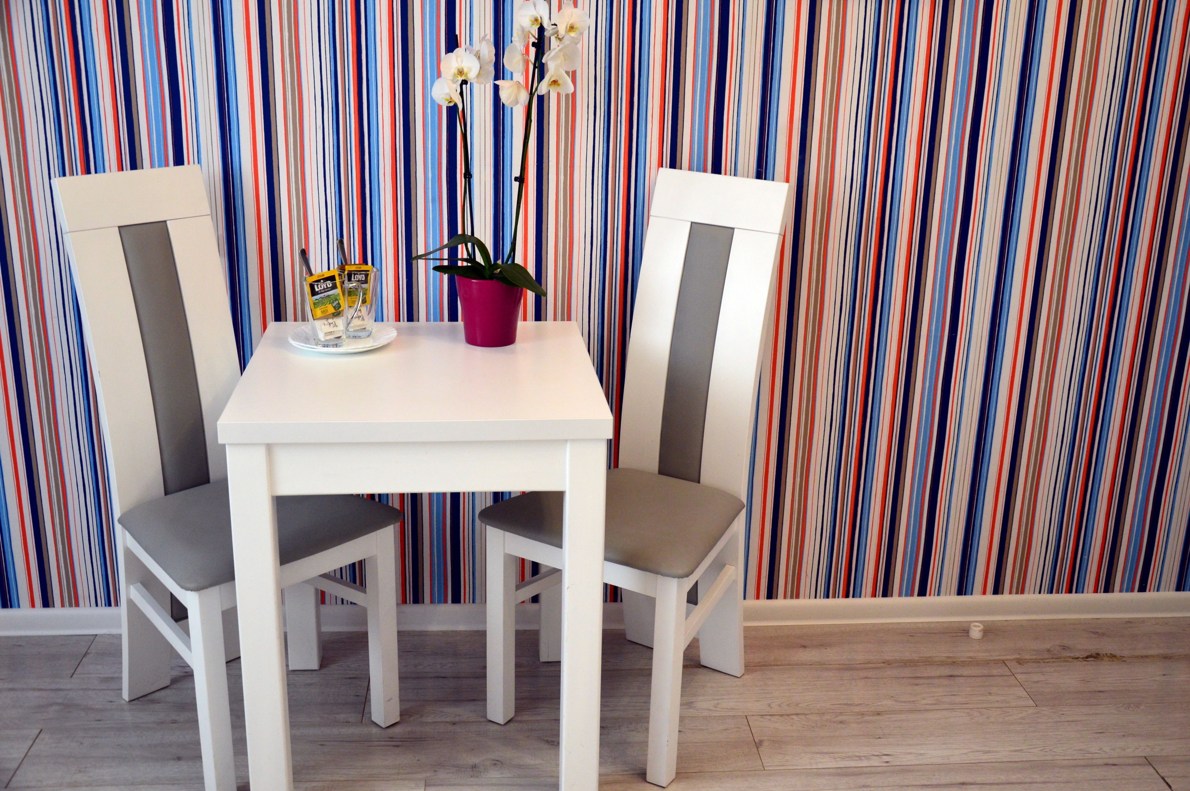 A white table with two chairs, a potted plant, and a magazine on the table.