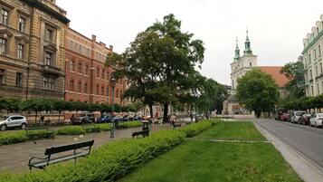 A park with benches and a large tree, a road with parked cars, and a building with a tower in the background.