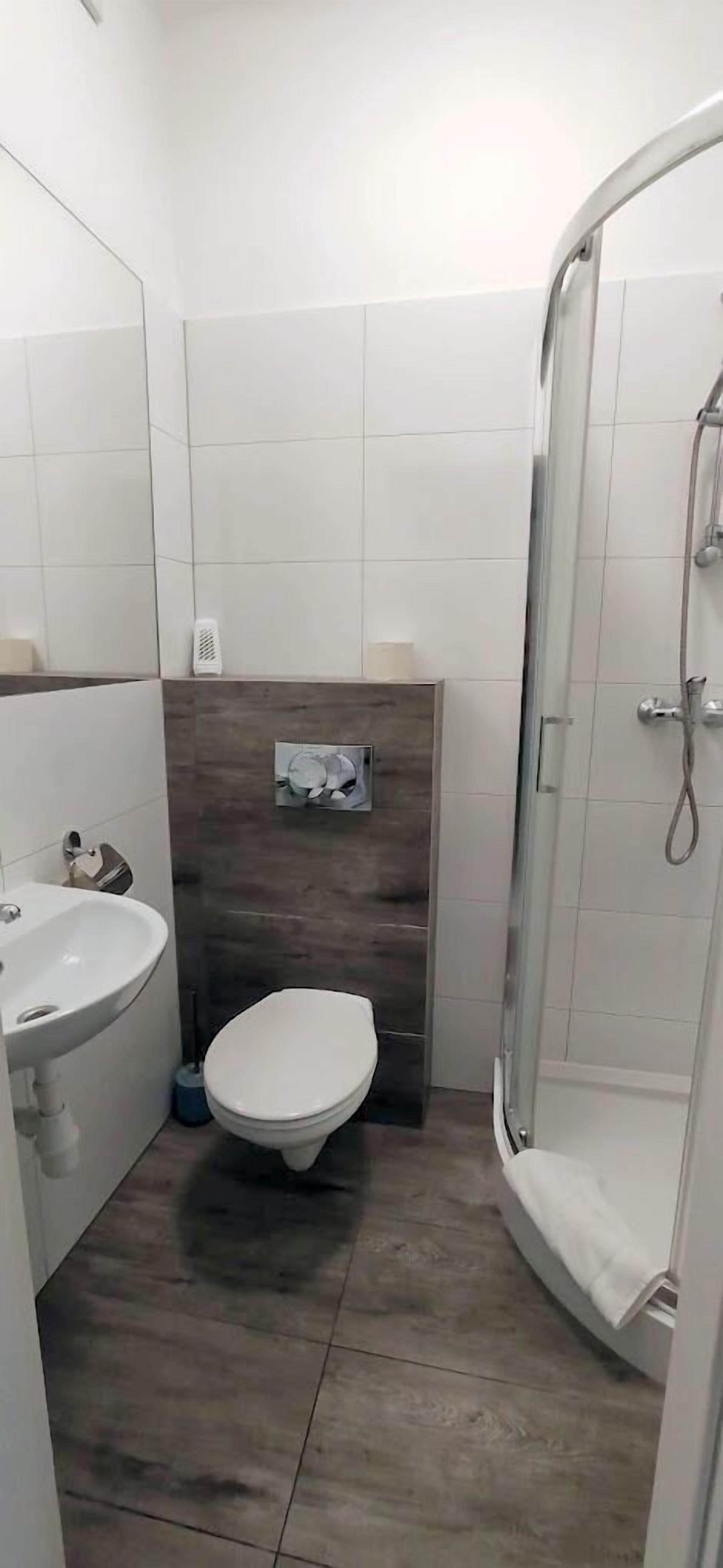 Une salle de bain avec un lavabo, des toilettes et une douche.