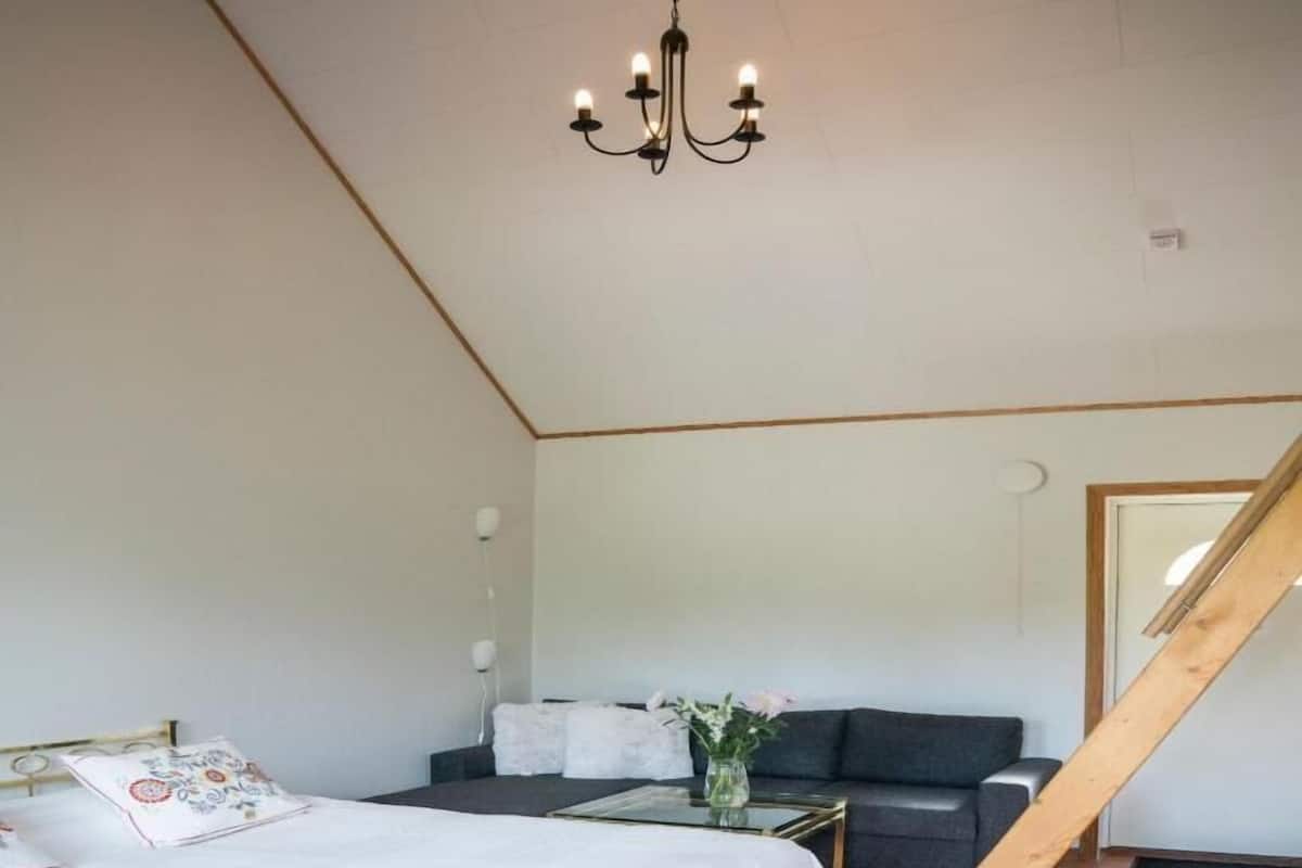 Une chambre à coucher avec un lit, un canapé, une petite table et un lustre.