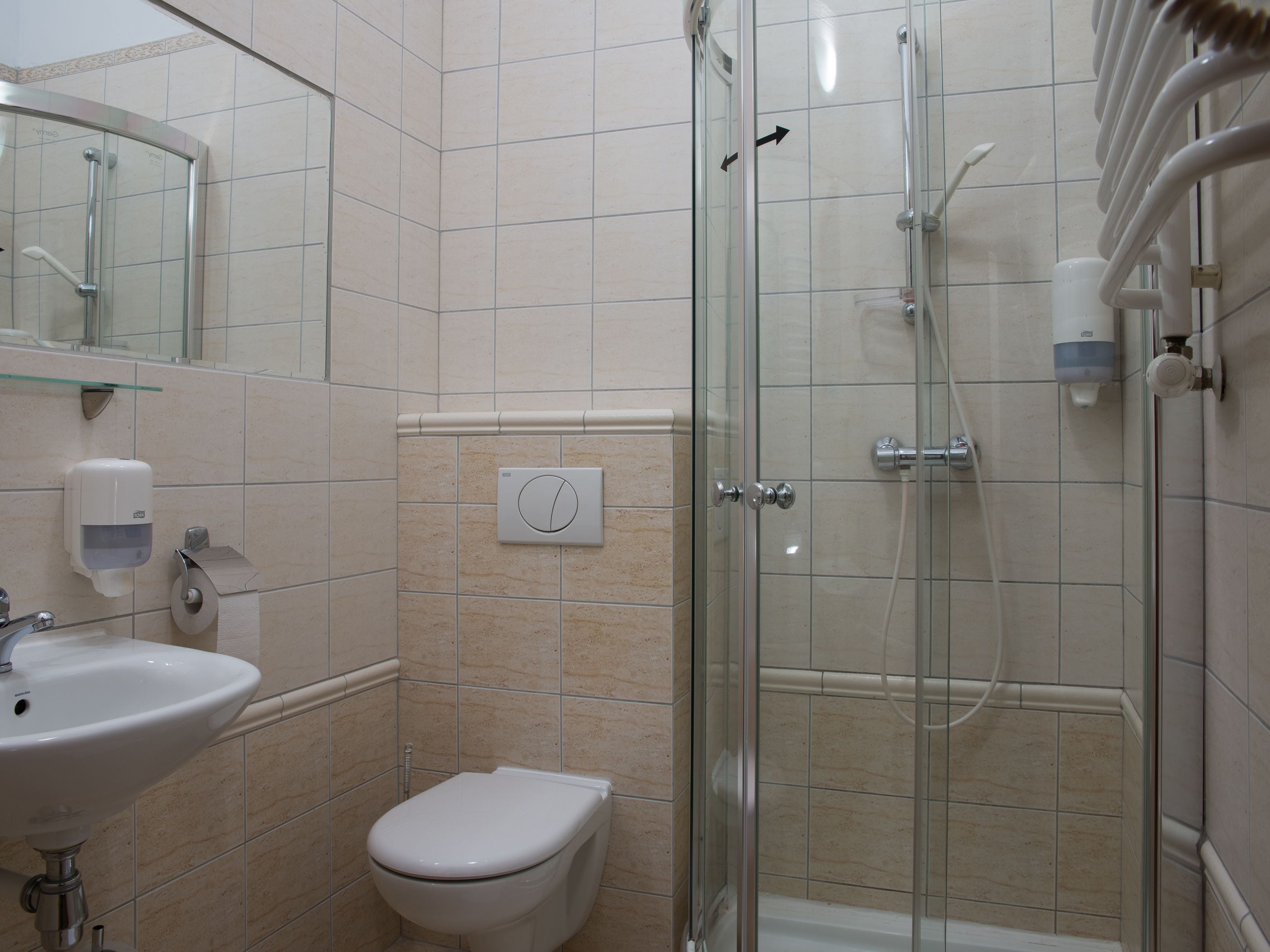 A modern bathroom with a glass shower enclosure, a toilet, and a sink.