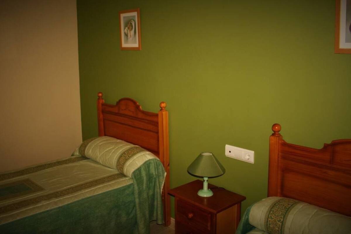 A bedroom with two wooden beds, a nightstand with a lamp, and a green wall.