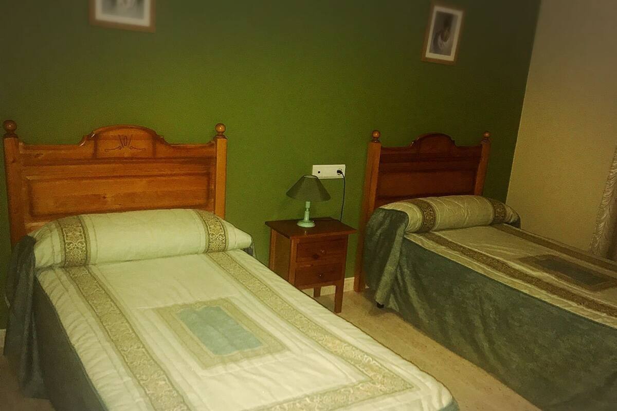A room with two single beds, a nightstand with a lamp, and a green wall.