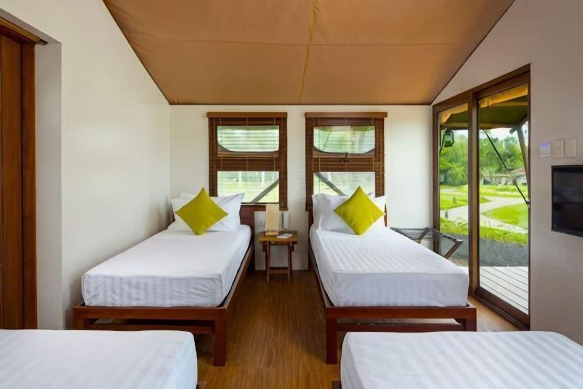 A room with two single beds, a small table, and a TV.