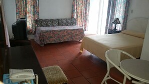 Une pièce comprenant un lit, un canapé, une petite table, une chaise et un téléviseur.