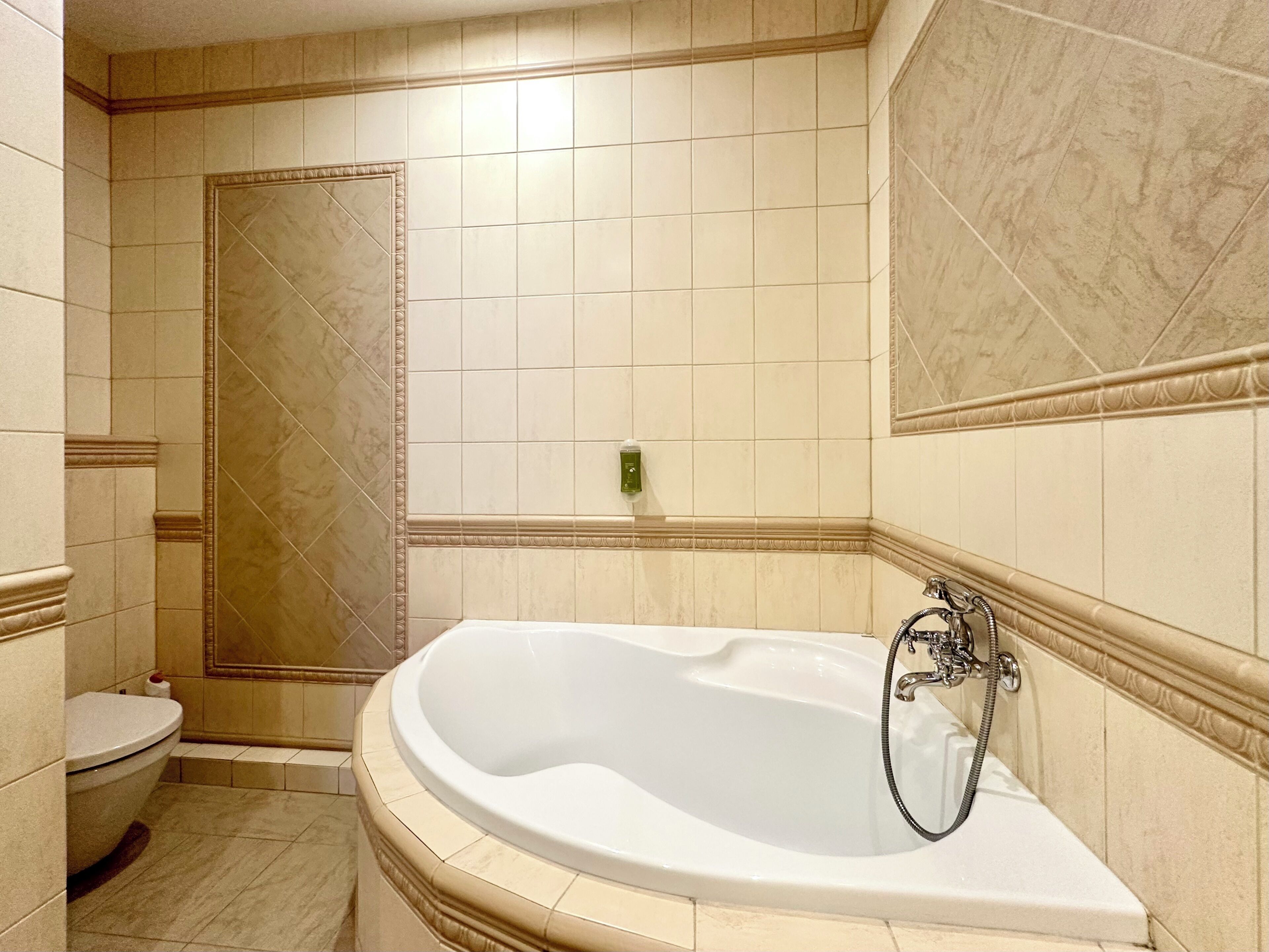 A bathroom with a bathtub, toilet, and shower area.