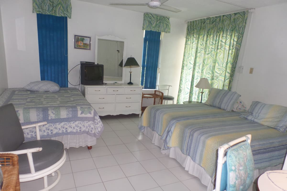 A bedroom with two beds, a dresser, a chair, a television, and a desk.