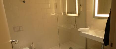 A modern bathroom with a glass-enclosed shower, a white toilet, and a sink with a mirror above it.